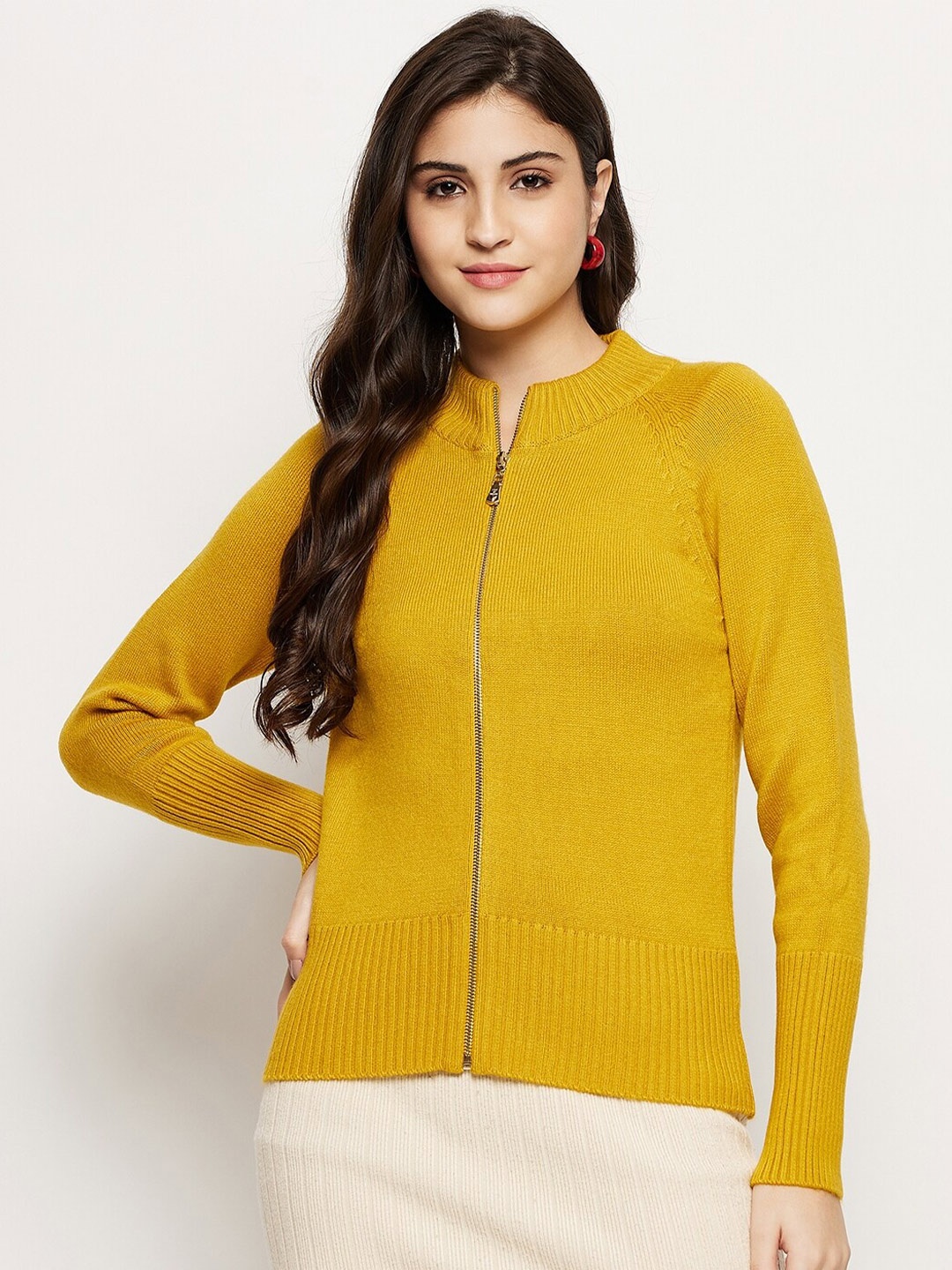 

Madame Women Mock Collar Cardigan, Mustard