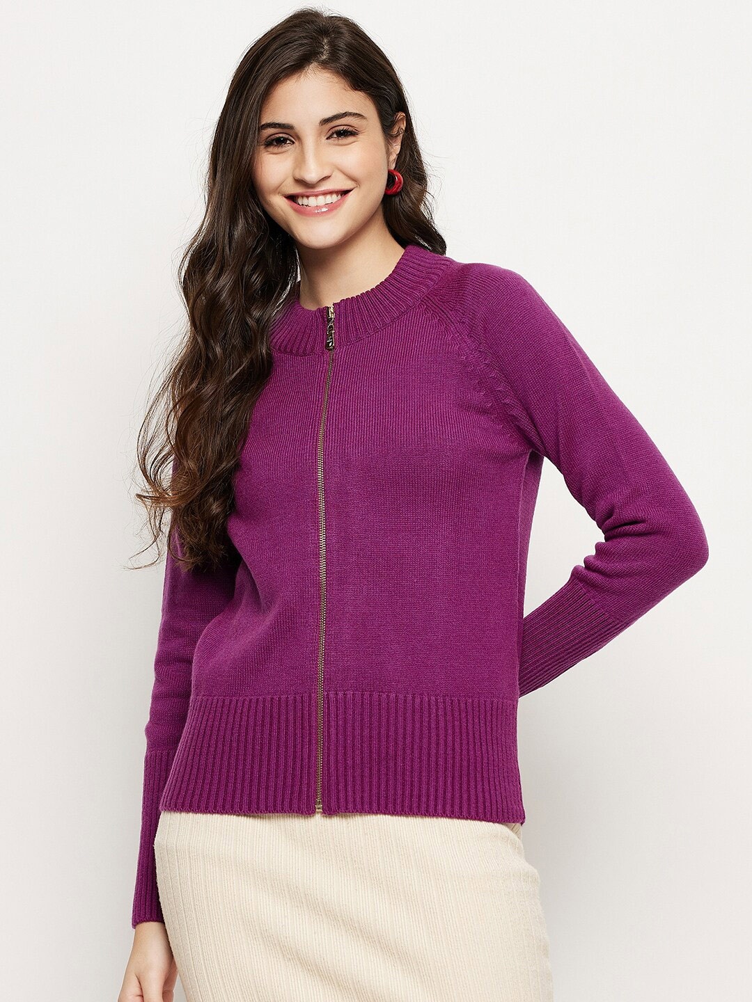 

Madame Women Mock Collar Cardigan, Purple