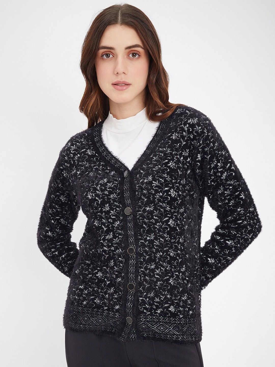 

Madame Women Floral Self Design V-Neck Cardigan, Black