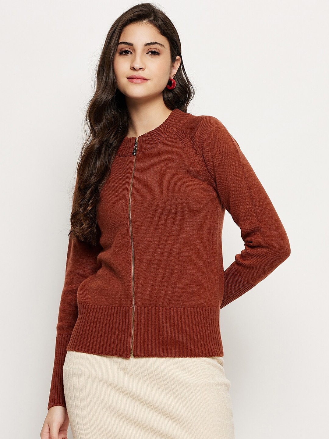 

Madame Long Sleeves Cardigan With Zip Detail, Rust