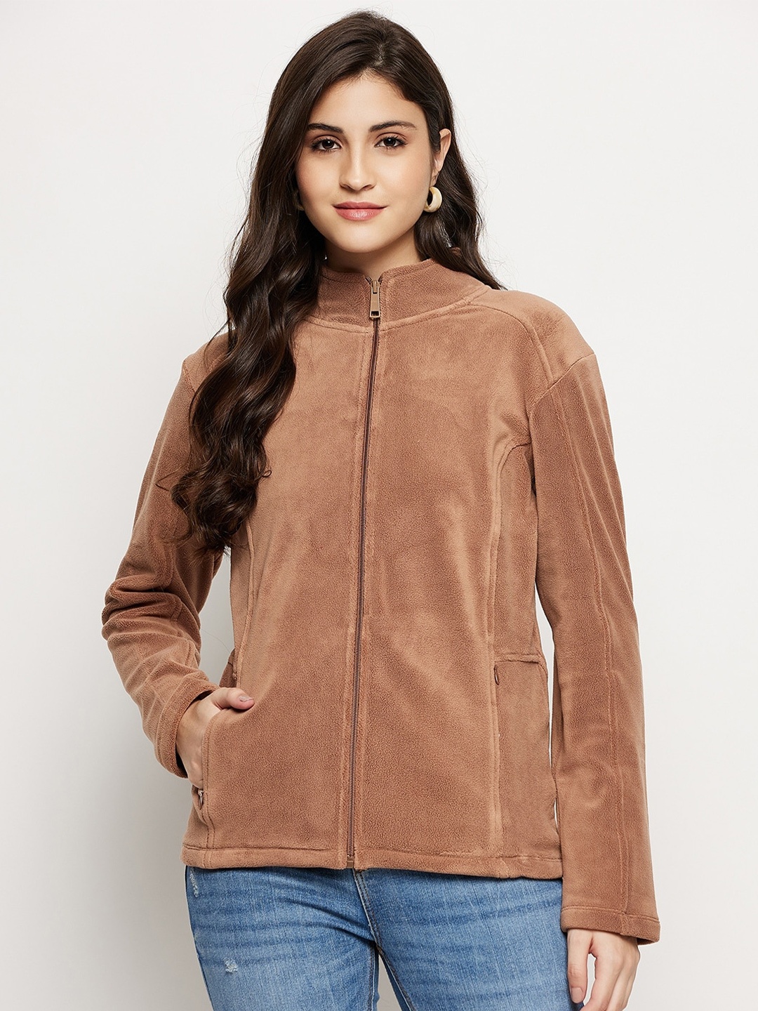 

Madame Mock Collar Front Open Sweatshirt, Brown