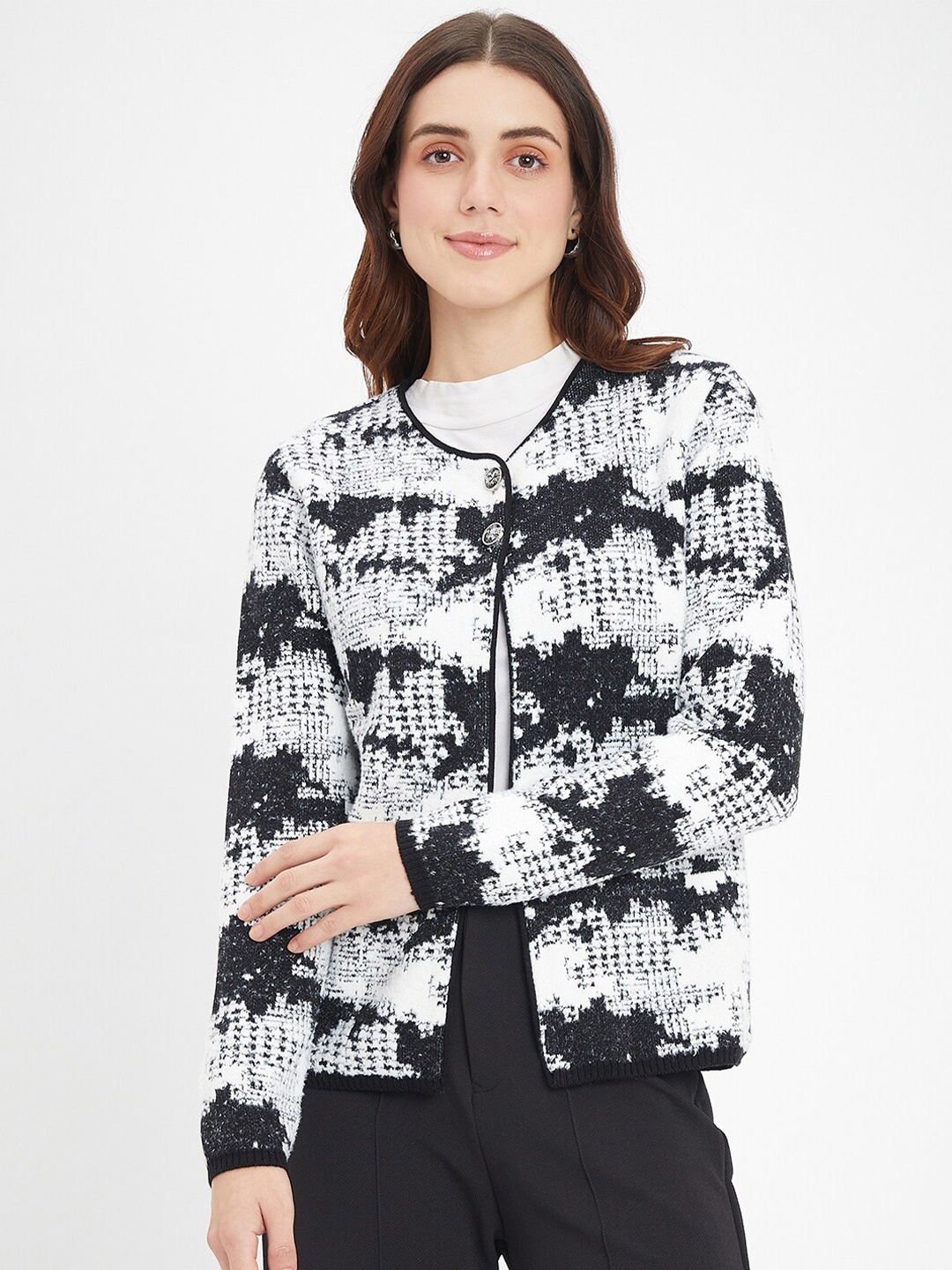 

Madame Women Abstract Printed Open Front Sweater, Black