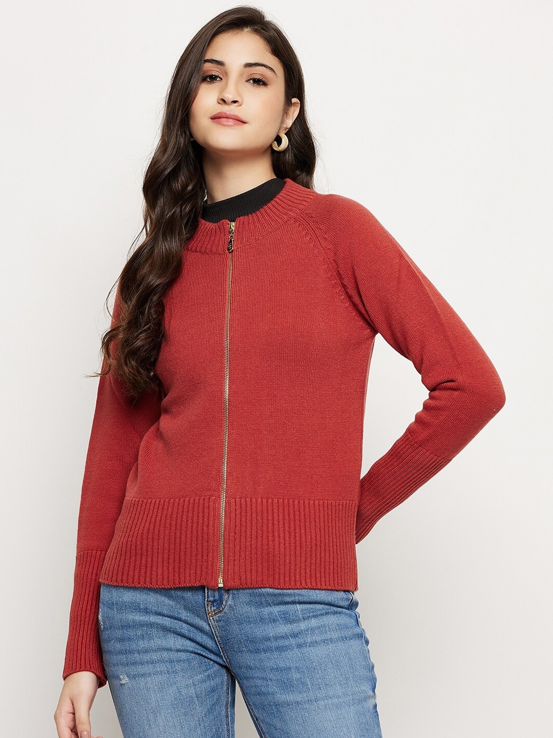 

Madame Women Round Neck Cardigan, Rust