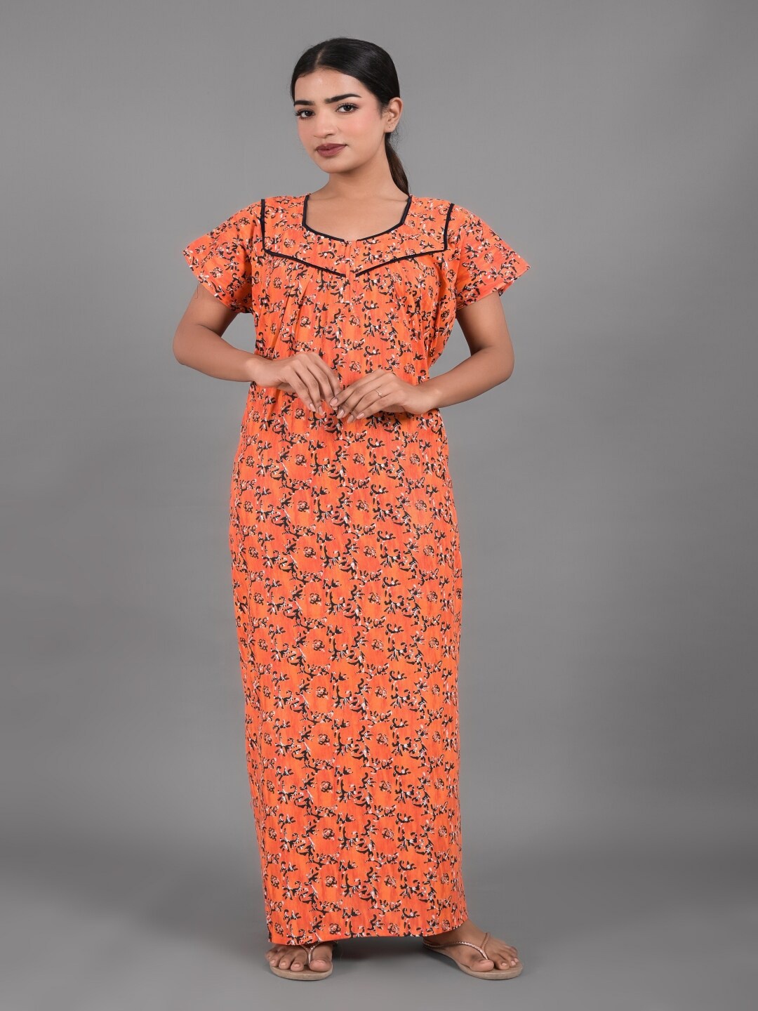 

Apratim Floral Printed Pure Cotton Maxi Nightdress, Orange