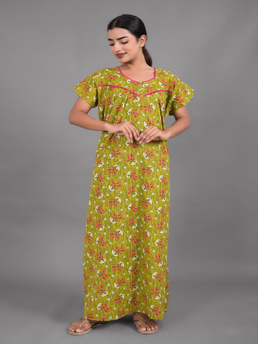 

Apratim Floral Printed Pure Cotton Maxi Nightdress, Green