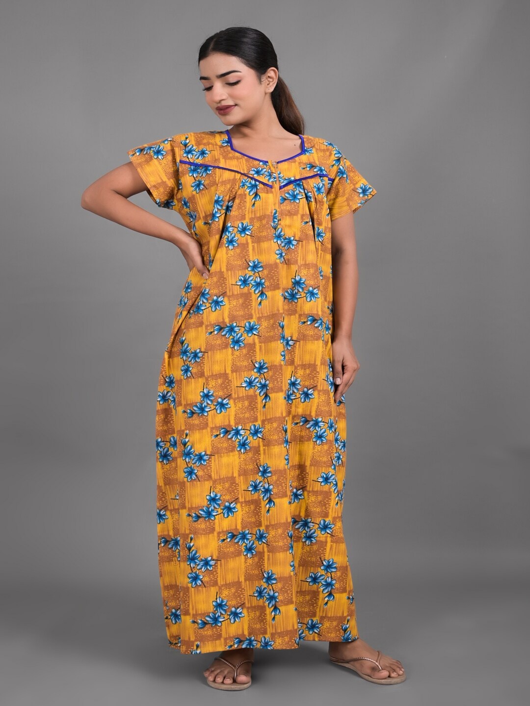 

Apratim Floral Printed Pure Cotton Maxi Nightdress, Mustard