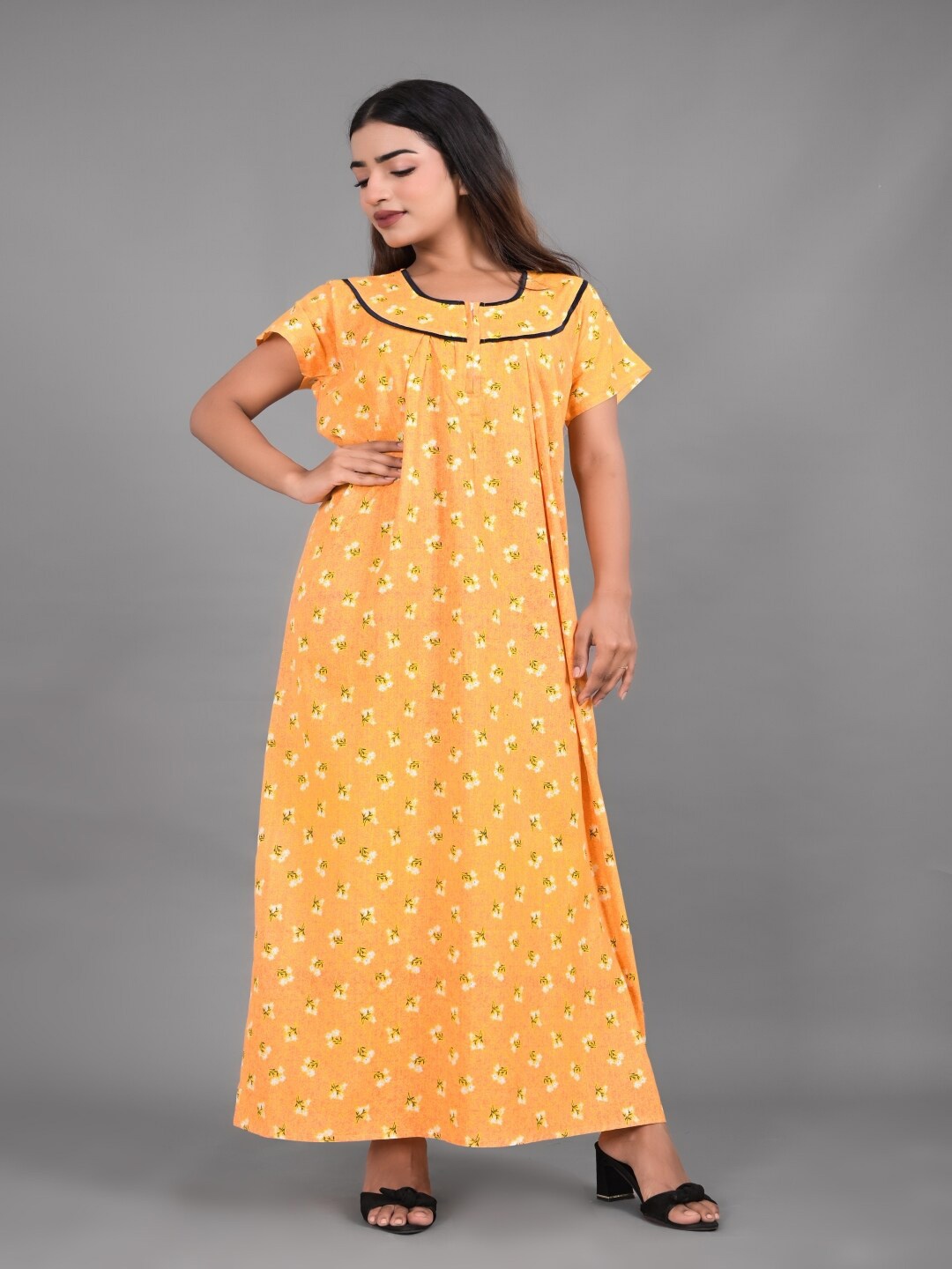 

Apratim Floral Printed Pure Cotton Maxi Nightdress, Yellow