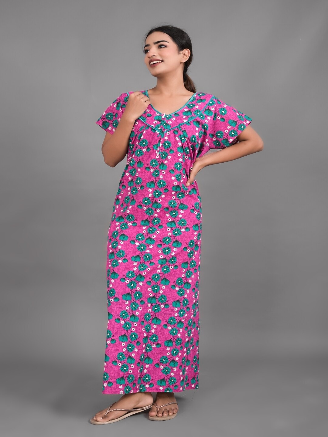 

Apratim Floral Printed Pure Cotton Maxi Nightdress, Pink
