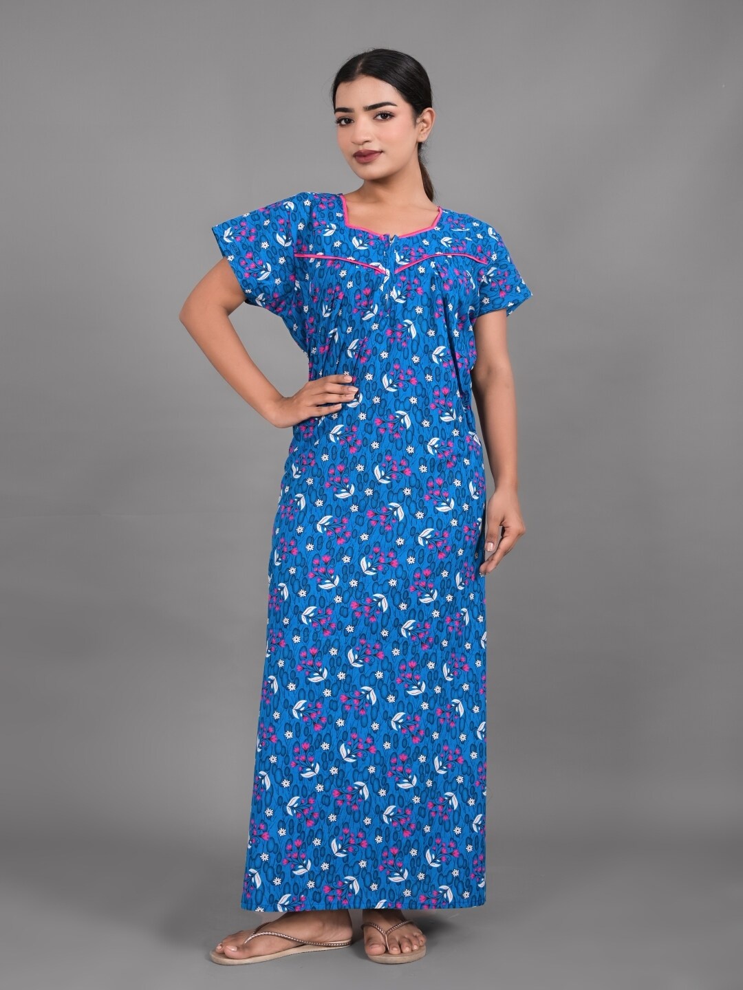 

Apratim Floral Printed Pure Cotton Maxi Nightdress, Blue