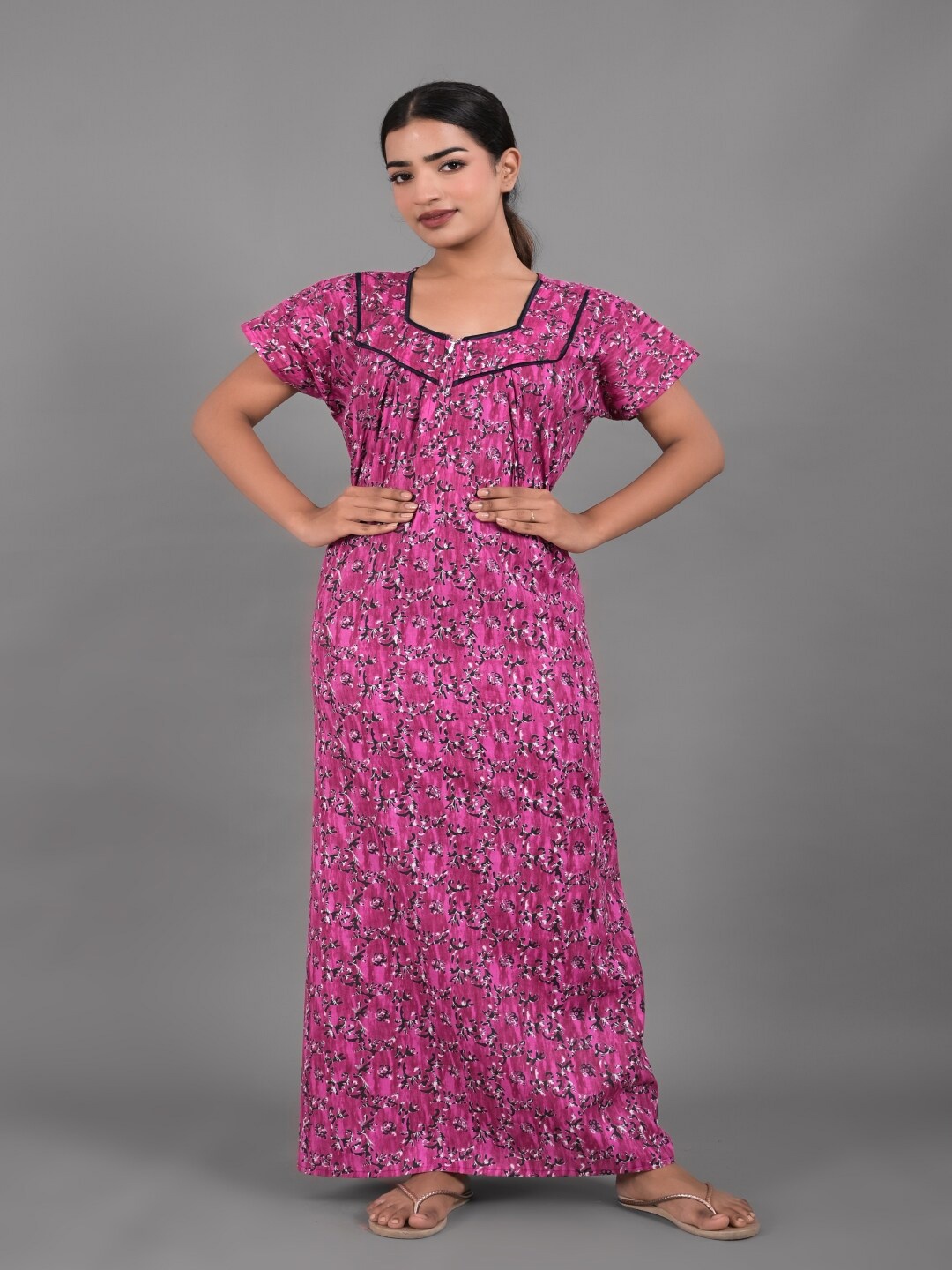

Apratim Floral Printed Pure Cotton Maxi Nightdress, Purple