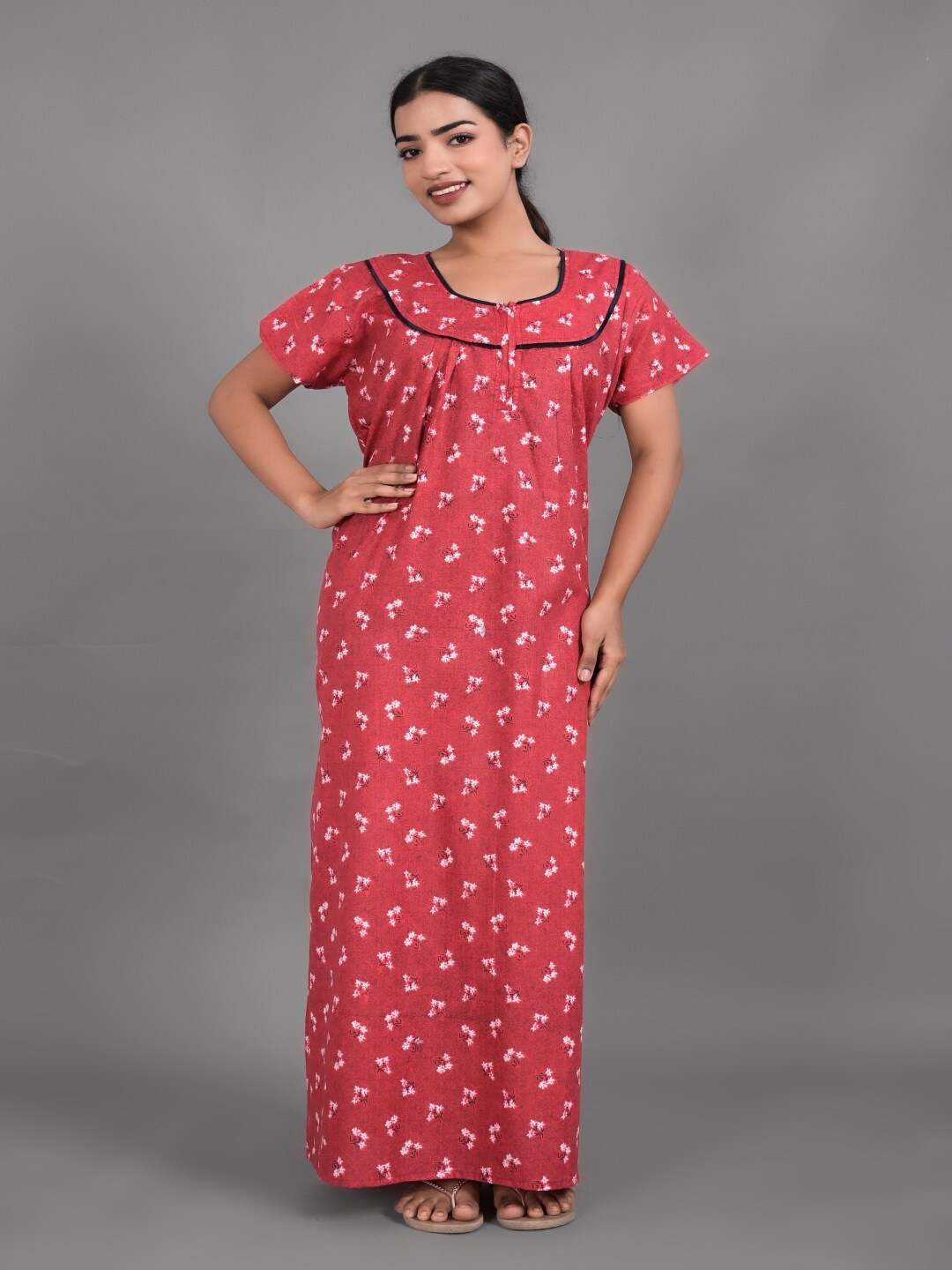 

Apratim Floral Printed Maxi Nightdress, Red