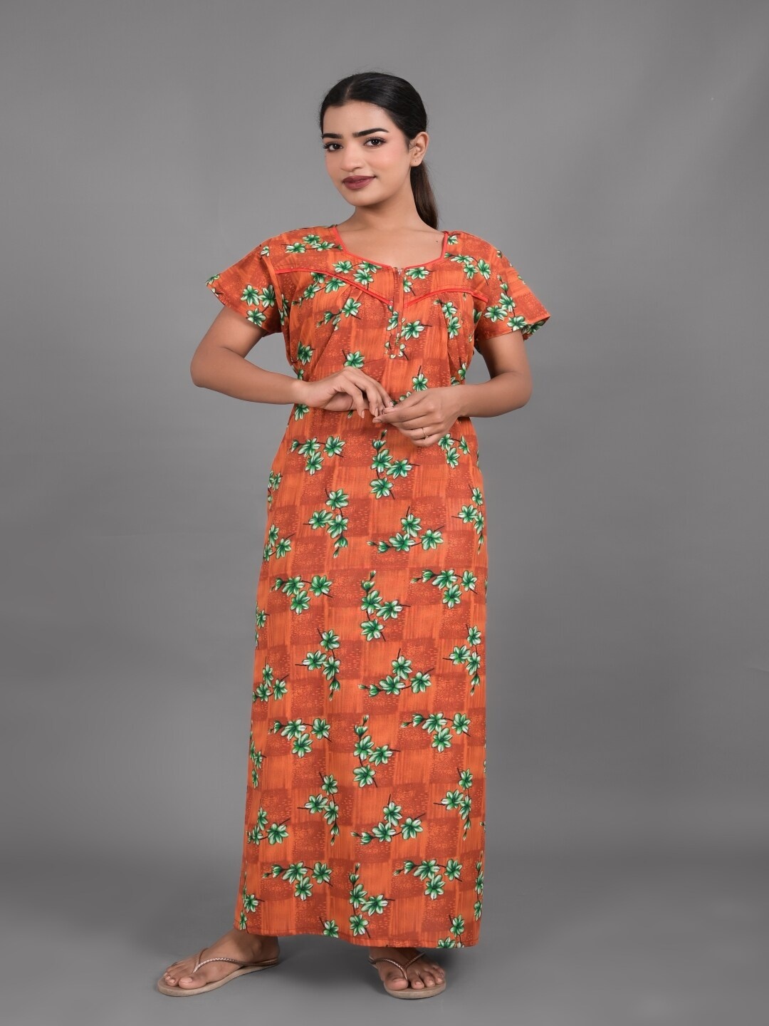 

Apratim Floral Printed Pure Cotton Maxi Nightdress, Orange