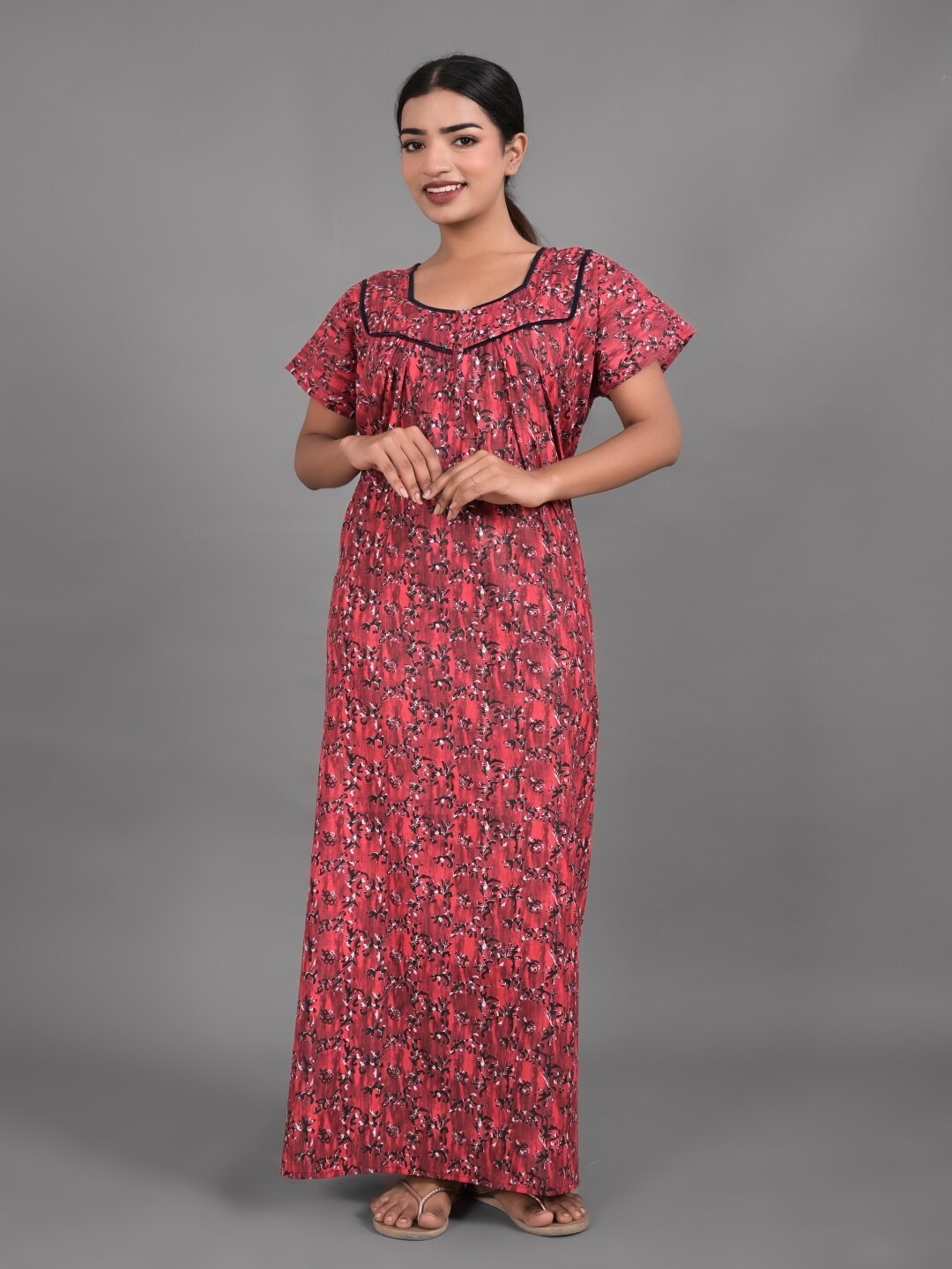 

Apratim Floral Printed Pure Cotton Maxi Nightdress, Maroon