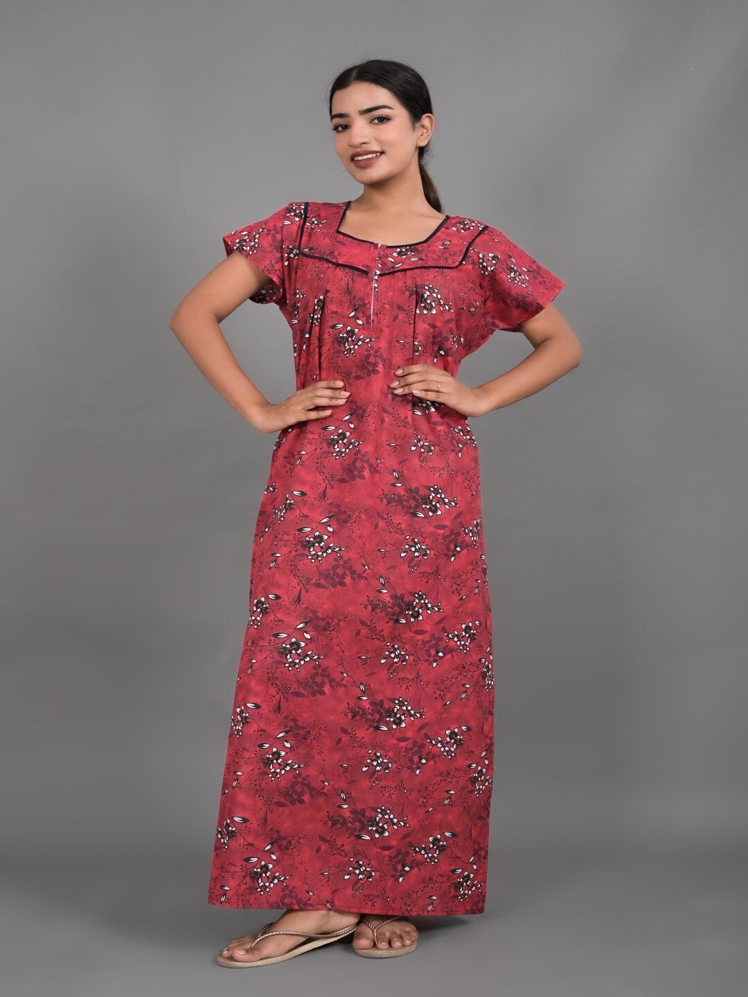 

Apratim Floral Printed Pure Cotton Maxi Nightdress, Maroon