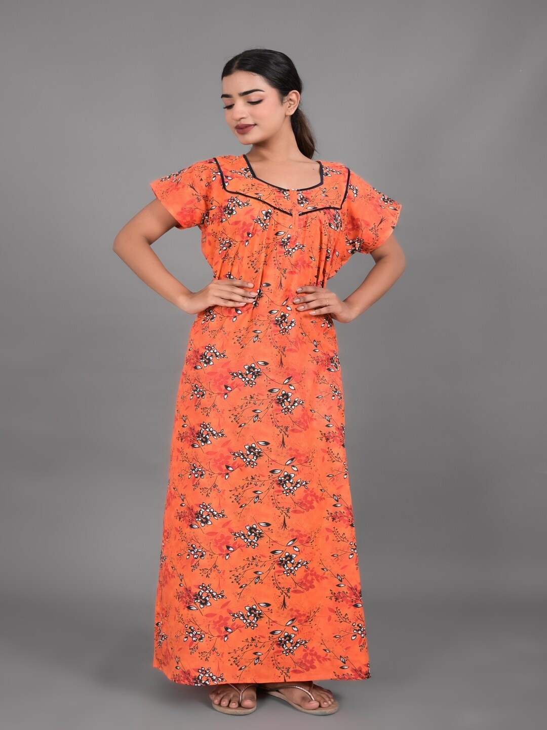 

Apratim Floral Printed Square Neck Pure Cotton Maxi Nightdress, Orange