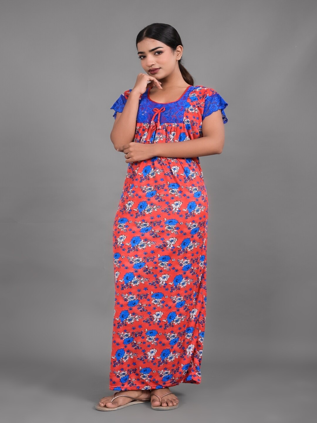 

Apratim Floral Printed Satin Maxi Nightdress, Red