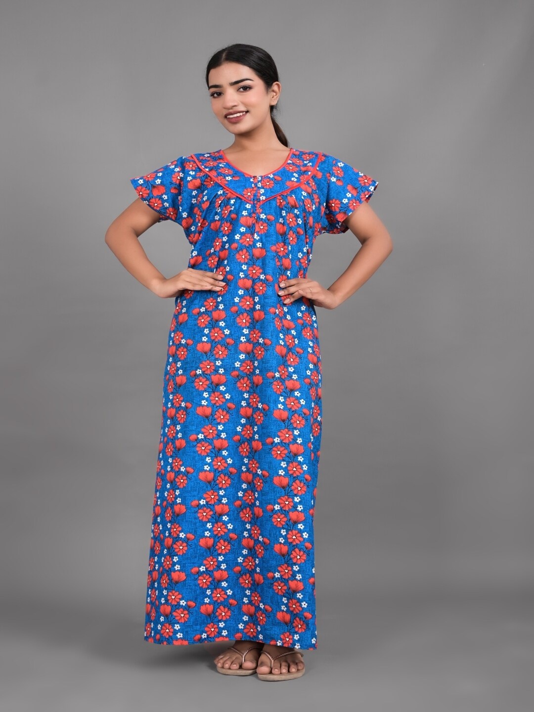 

Apratim Floral Printed Pure Cotton Maxi Nightdress, Blue