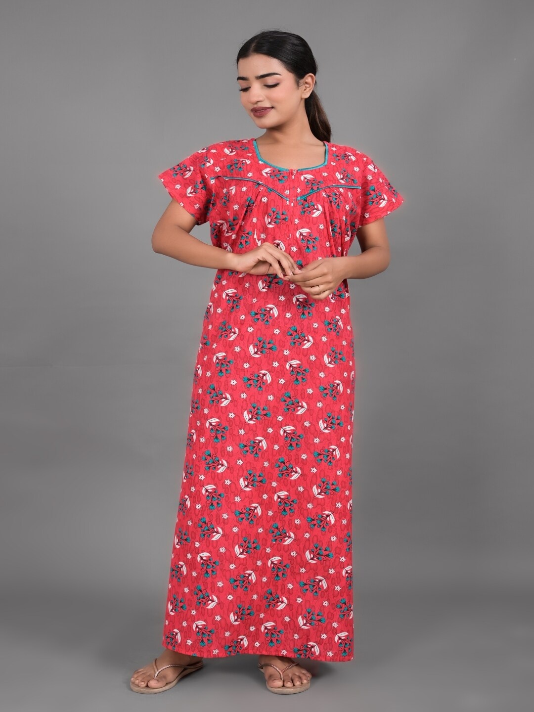 

Apratim Floral Printed Pure Cotton Maxi Nightdress, Red