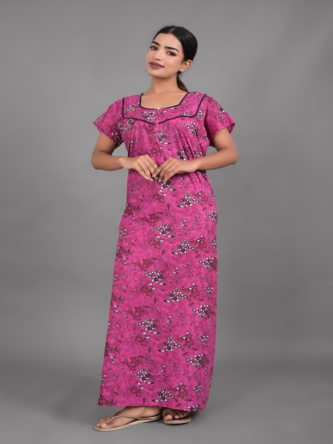 

Apratim Floral Printed Pure Cotton Maxi Nightdress, Purple