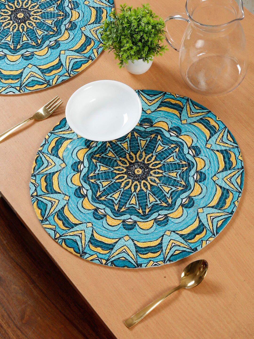 

HOSTA HOMES 6 Pieces Blue & Yellow Printed Pure Cotton Table Placemats