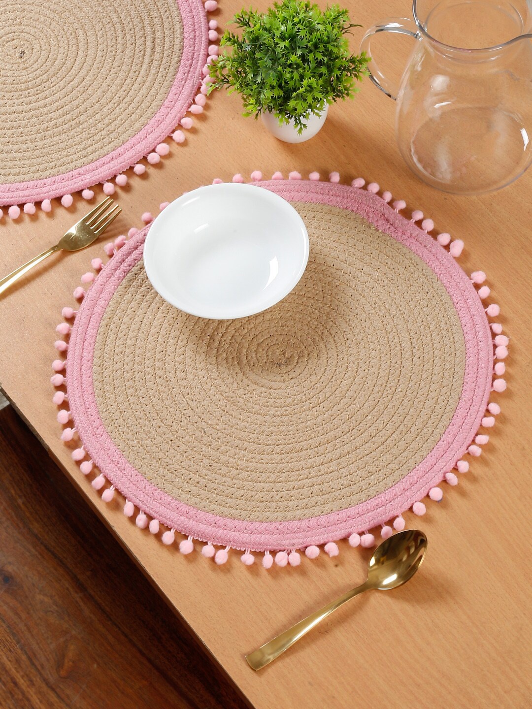 

HOSTA HOMES 4 Pieces Beige & Pink Self Design Pure Cotton Table Placemats