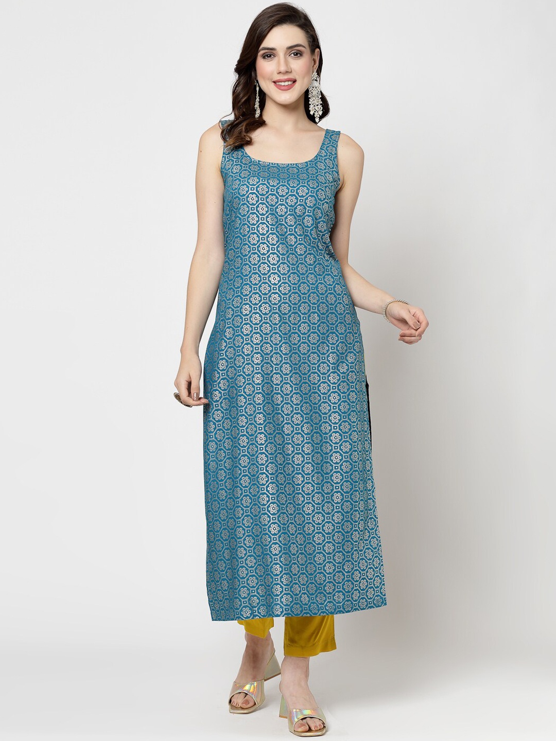 

KALINI Ethnic Motifs Printed Straight Kurta with Trousers, Turquoise blue