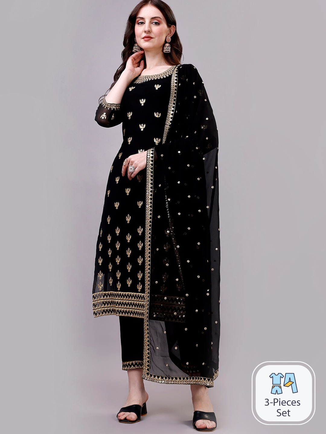 

GORGONE Ethnic Motifs Embroidered Sequinned Georgette Kurta With Trousers & Dupatta, Black