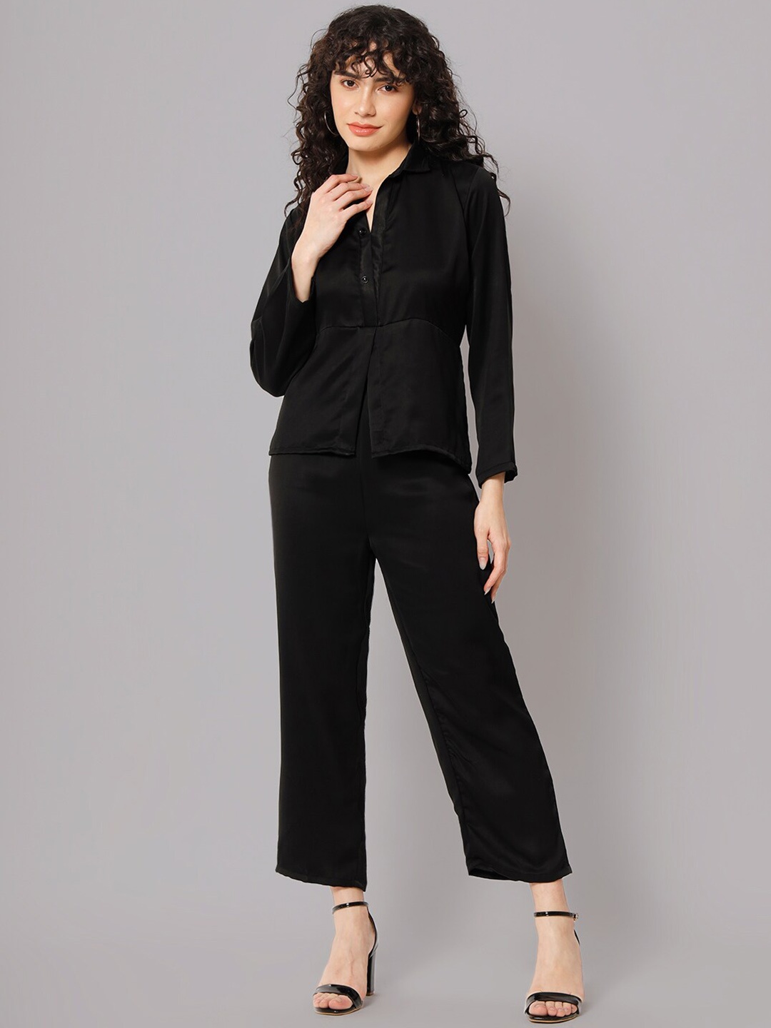 

BCZ Style Shirt Collar Long Sleeve Top With Trousers, Black