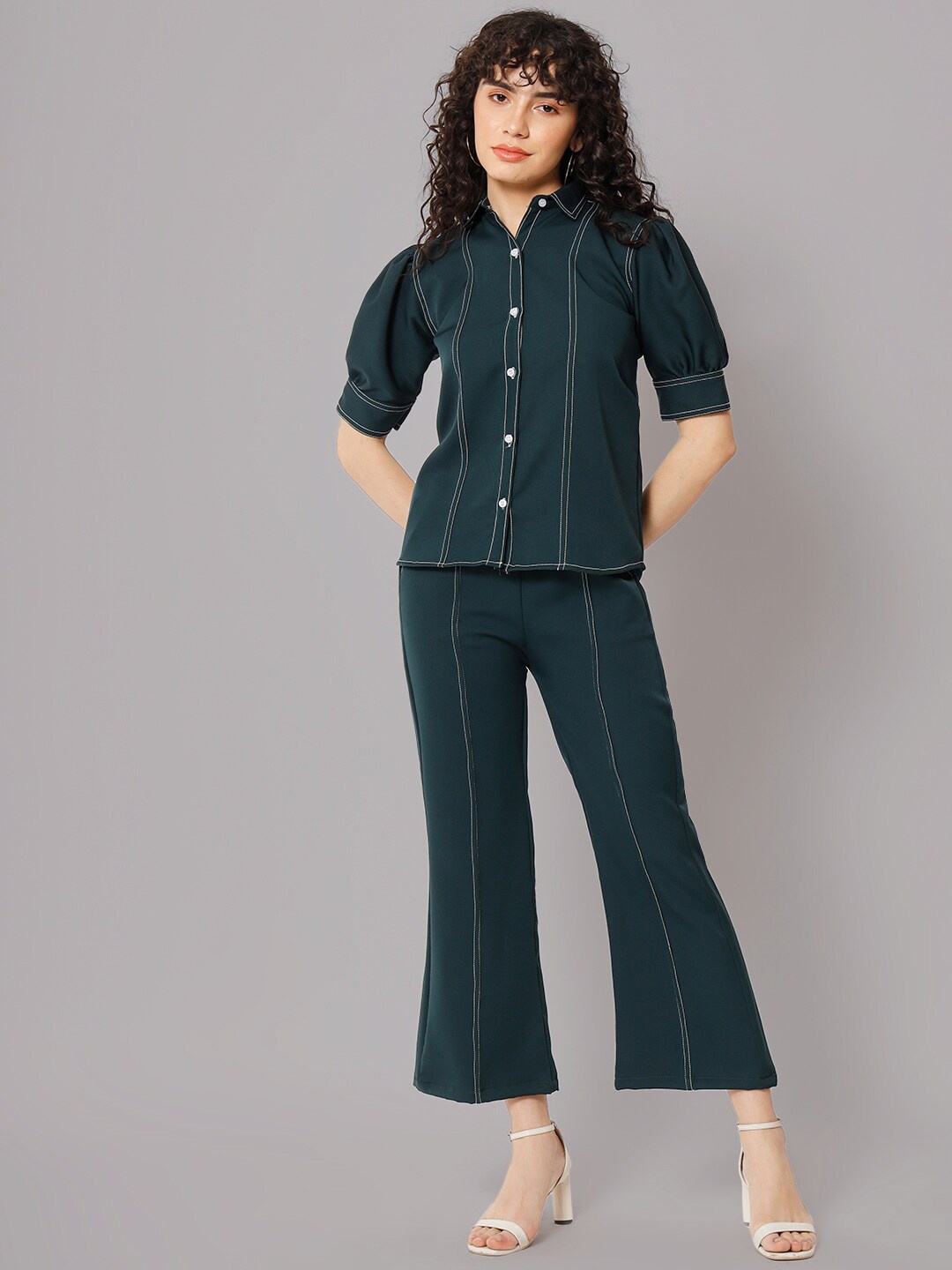 

BCZ Style Puffed Sleeves Shirt With Bell Bottom Trouser, Green