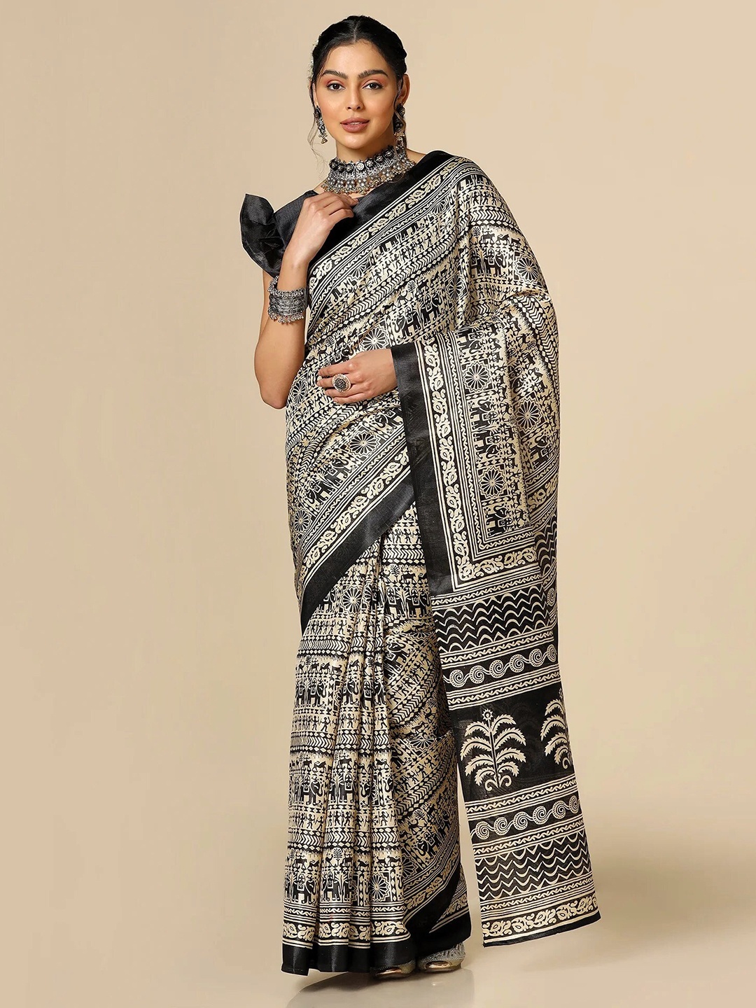 

XO LOVE Warli Printed Bhagalpuri Saree, Beige
