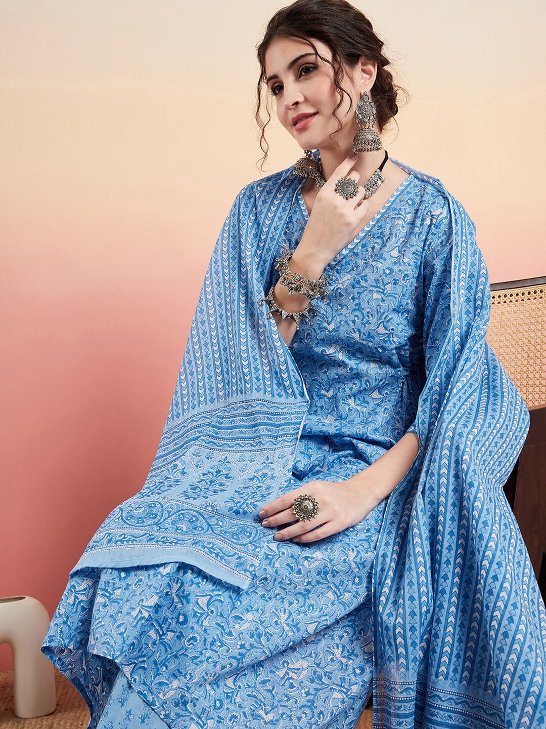 

Sangria Blue Ethnic Motifs Printed Beads Pure Cotton A-Line Kurta Set