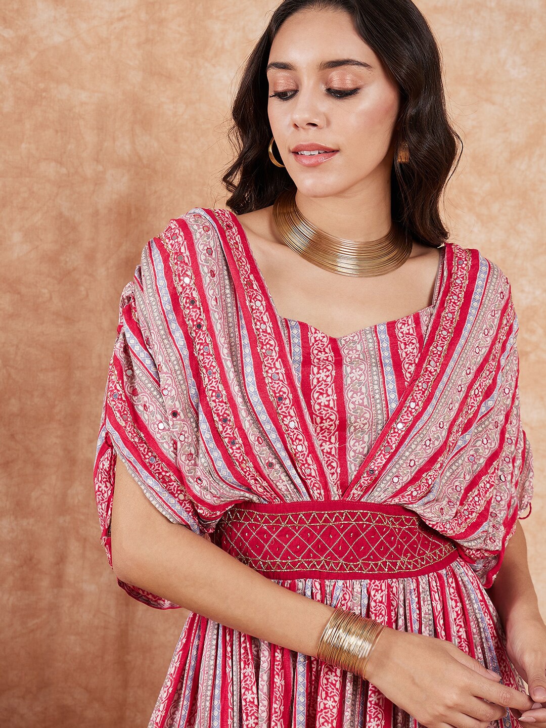 

Sangria Ethnic Motifs Printed Ruched Extended Sleeve & Embroidered Maxi Dress, Red
