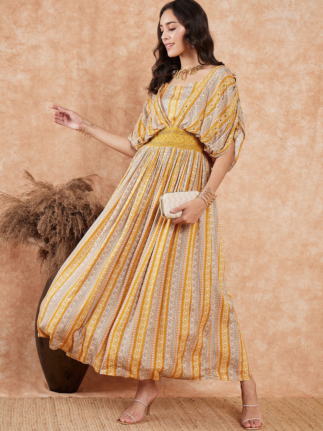 

Sangria Mustard Ethnic Motifs Printed & Embroidered Maxi Dress