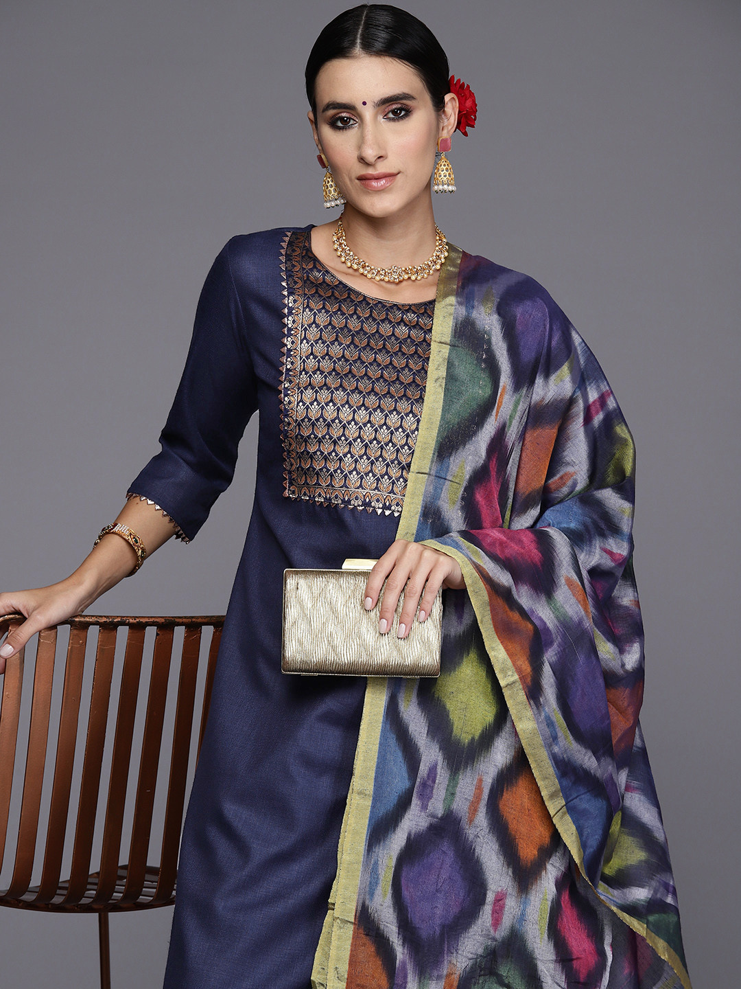 

Indo Era Women Ethnic Motifs Yoke Design Pure Cotton Kurta with Trousers & With Dupatta, Navy blue