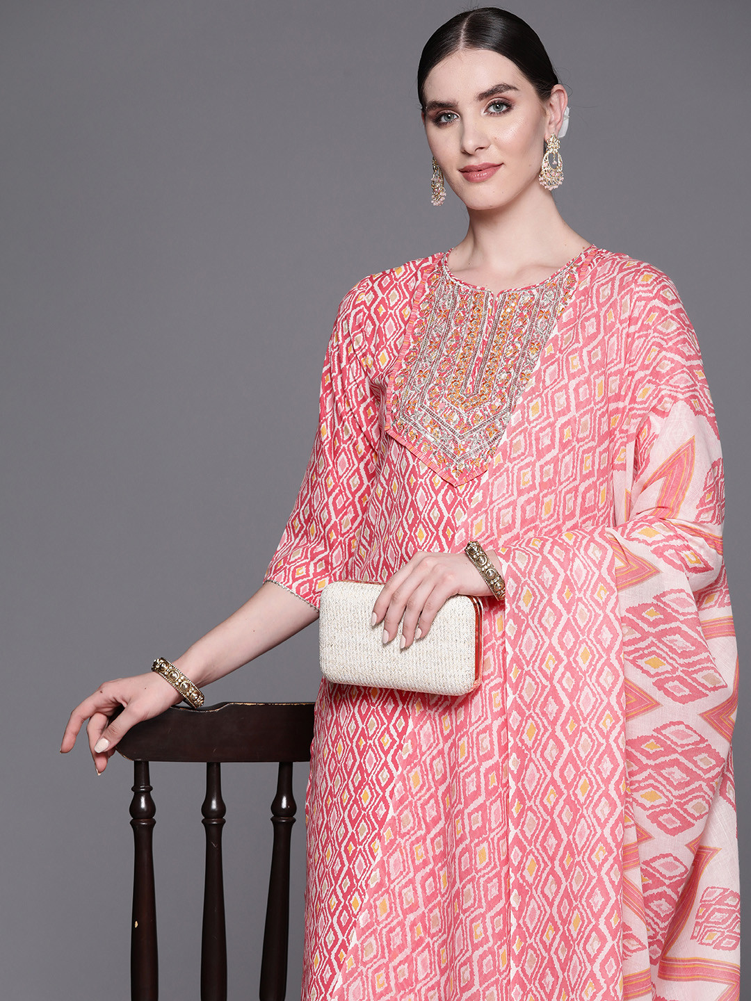 

Indo Era Women Embroidered Sequinned Pure Cotton Kurta with Trousers & With Dupatta, Pink