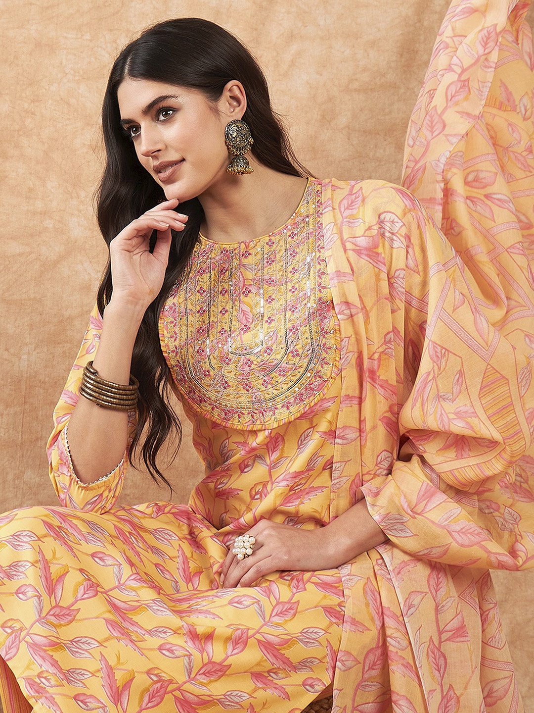 

Indo Era Women Floral Embroidered Sequinned Pure Cotton Kurta with Trousers & With Dupatta, Yellow