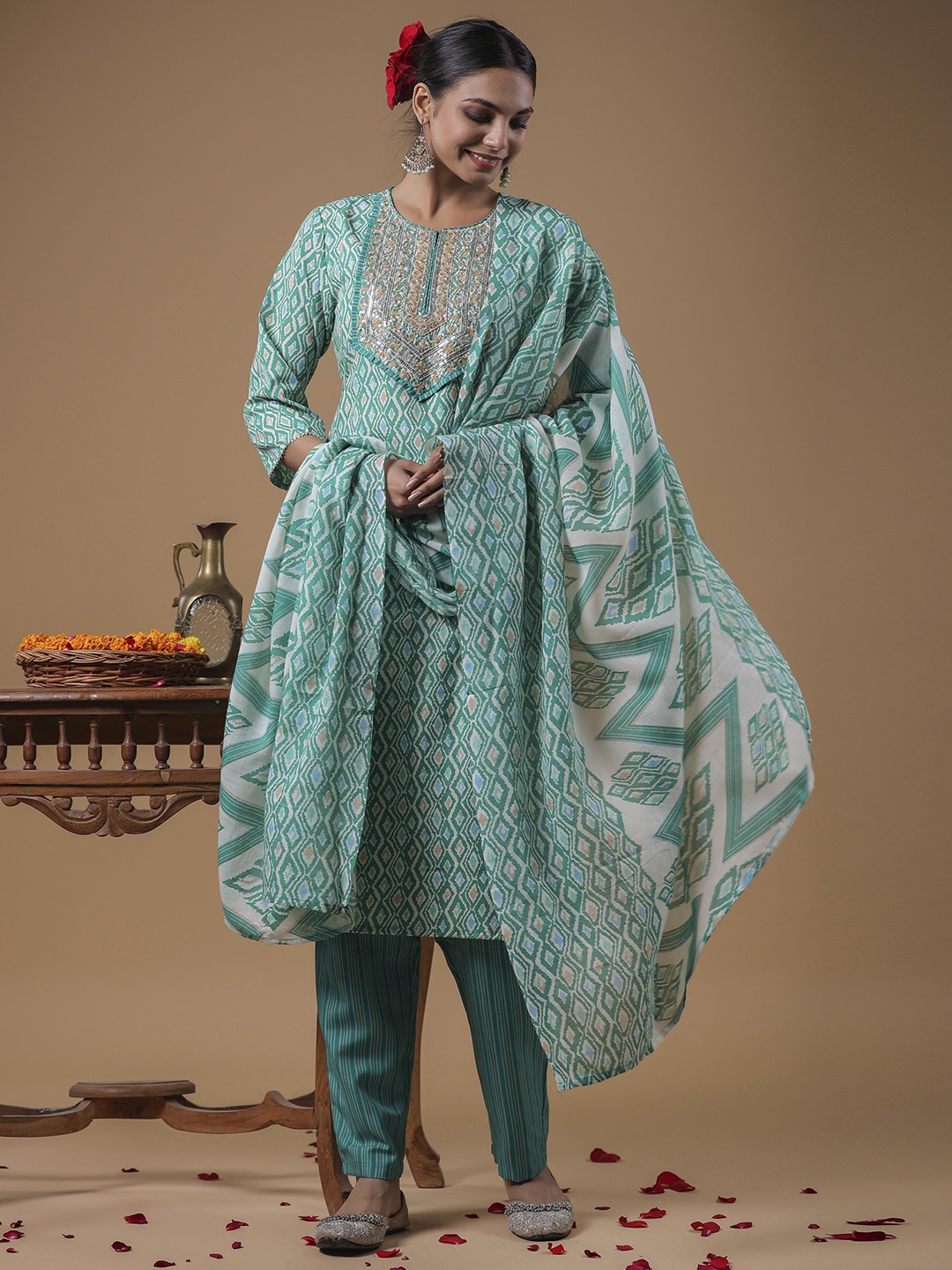 

Indo Era Women Embroidered Sequinned Pure Cotton Kurta with Trousers & With Dupatta, Green