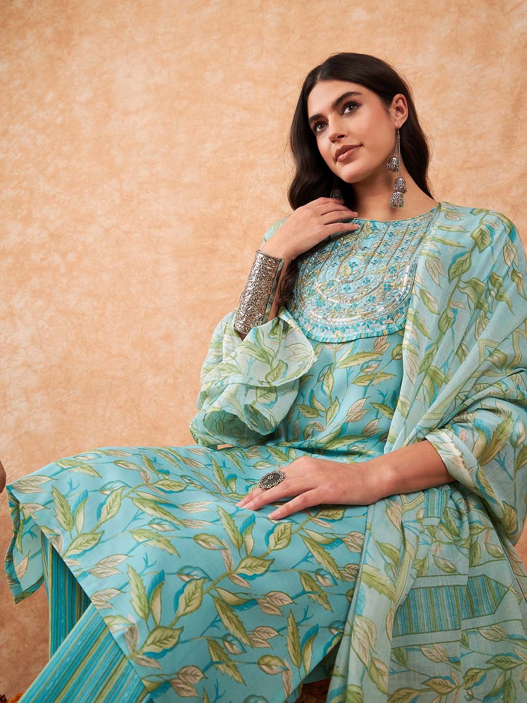 

Indo Era Women Floral Embroidered Sequinned Pure Cotton Kurta with Trousers & With Dupatta, Sea green