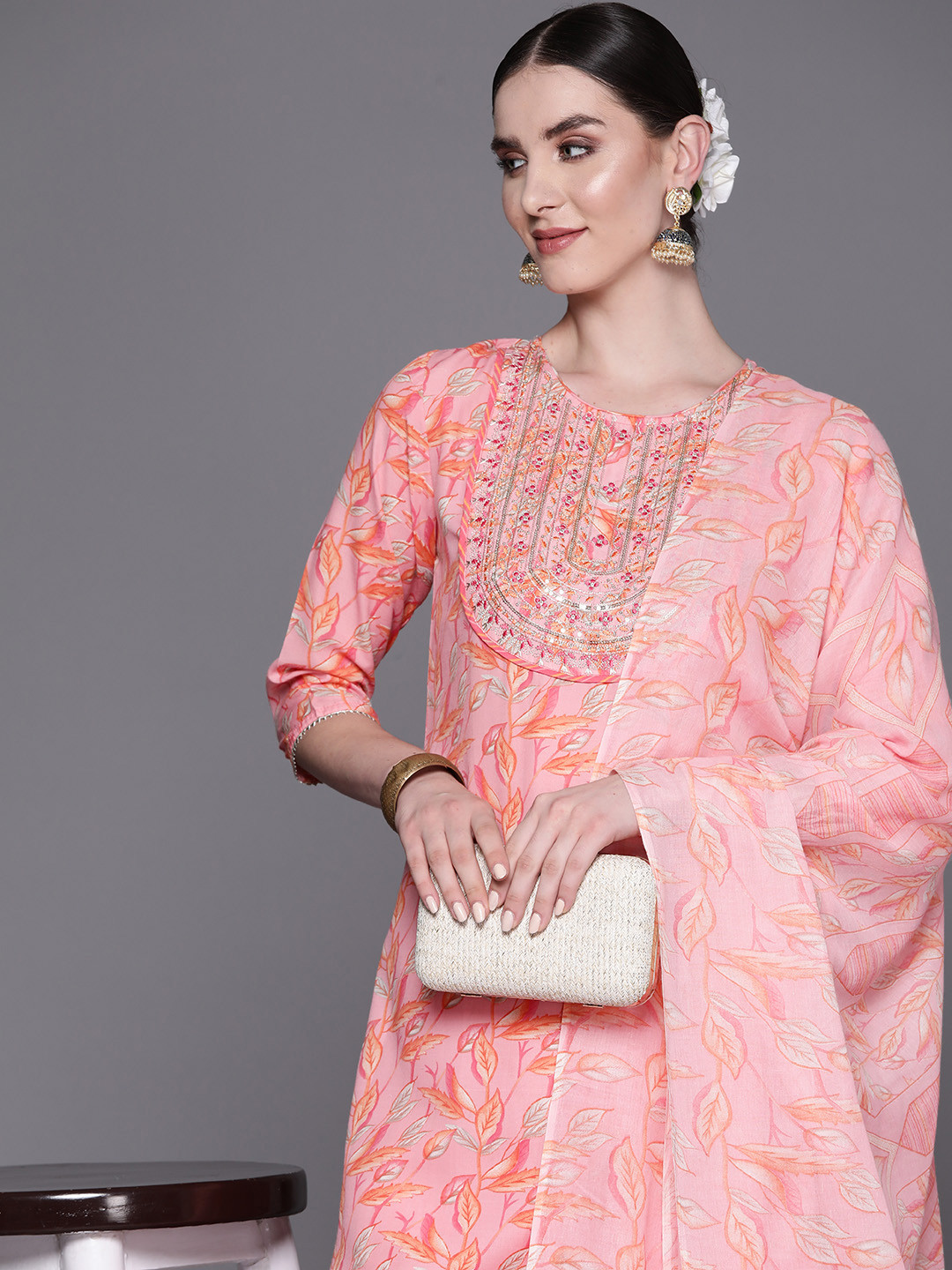 

Indo Era Women Floral Embroidered Sequinned Pure Cotton Kurta with Trousers & With Dupatta, Pink
