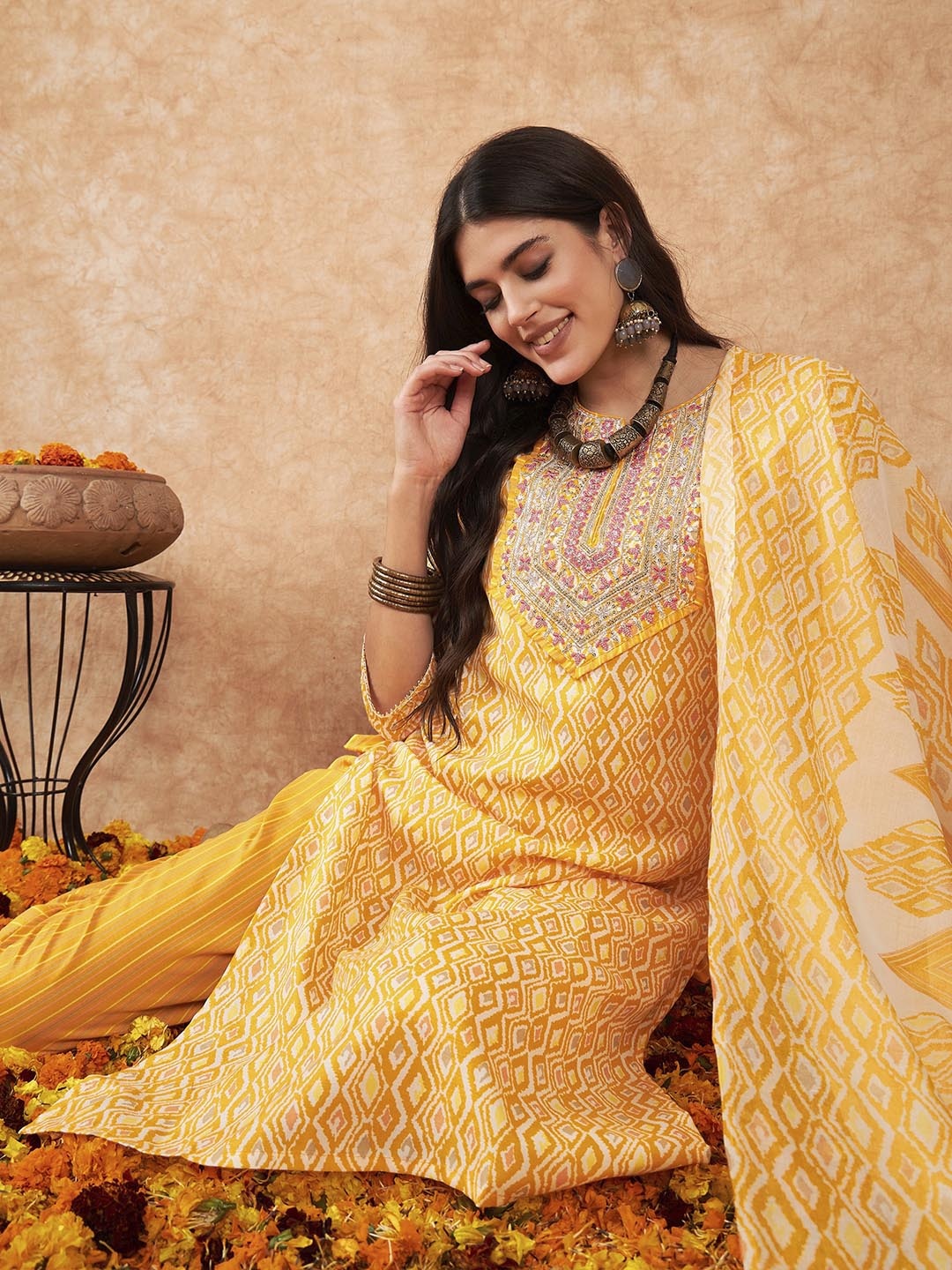 

Indo Era Women Embroidered Sequinned Pure Cotton Kurta with Trousers & With Dupatta, Yellow