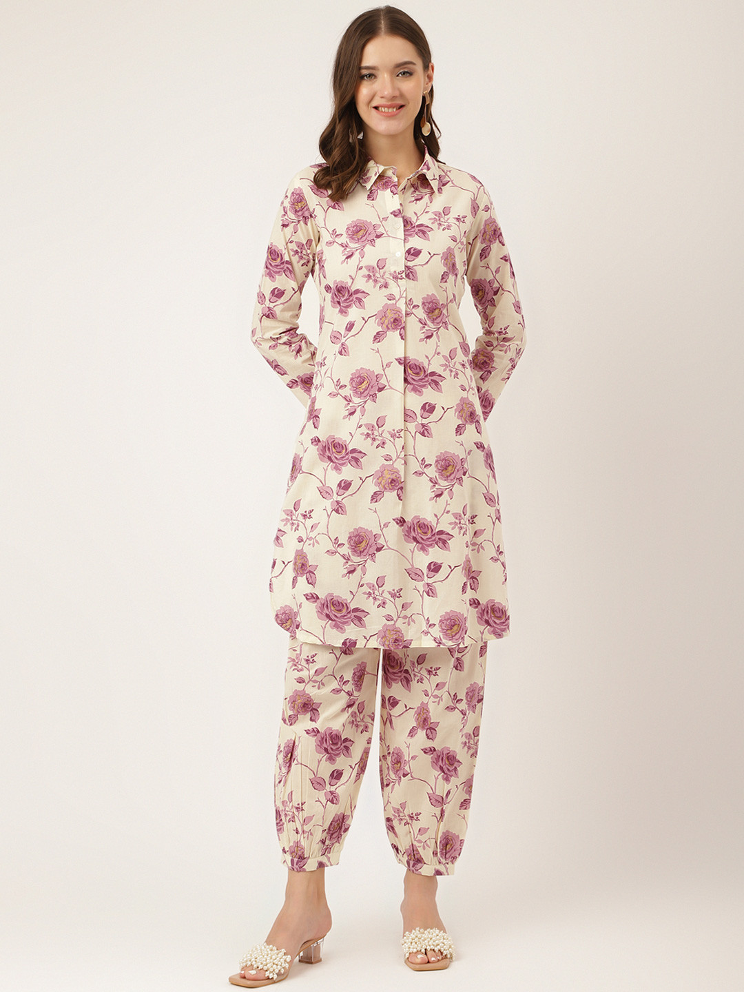 

Divena Women Purple Floral Printed Panelled Pure Cotton Kurta with Trousers