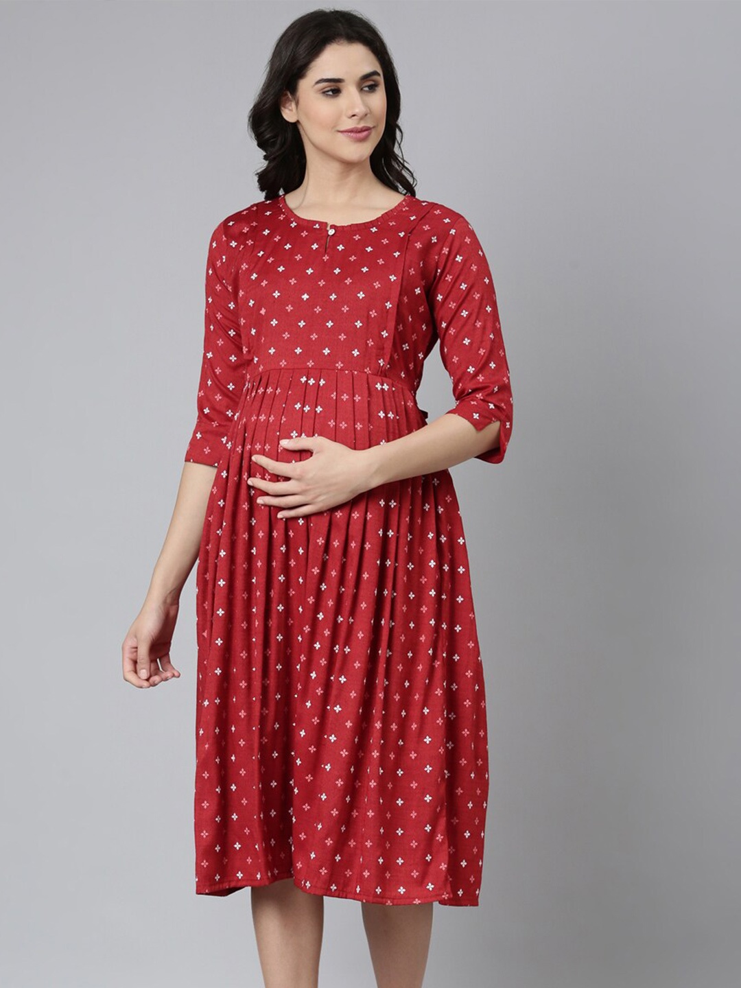 

GOLDSTROMS Ethnic Motifs Printed Maternity Fit & Flare Dress, Red