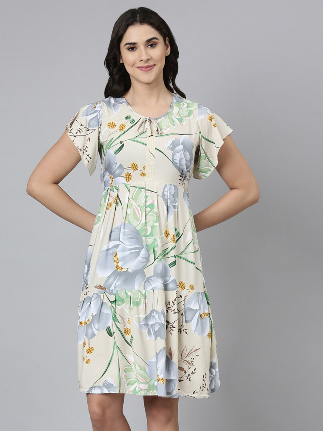 

GOLDSTROMS Floral Printed Tie-Up Neck Tiered Nightdress, Cream