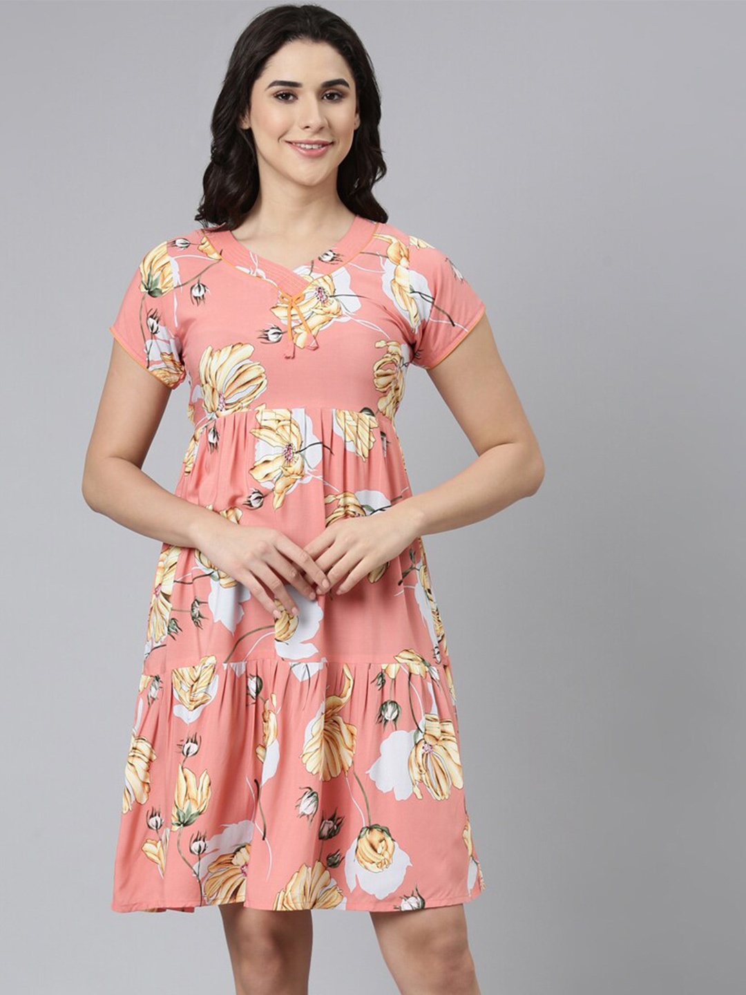 

GOLDSTROMS Floral Printed Round Neck Nightdress, Peach