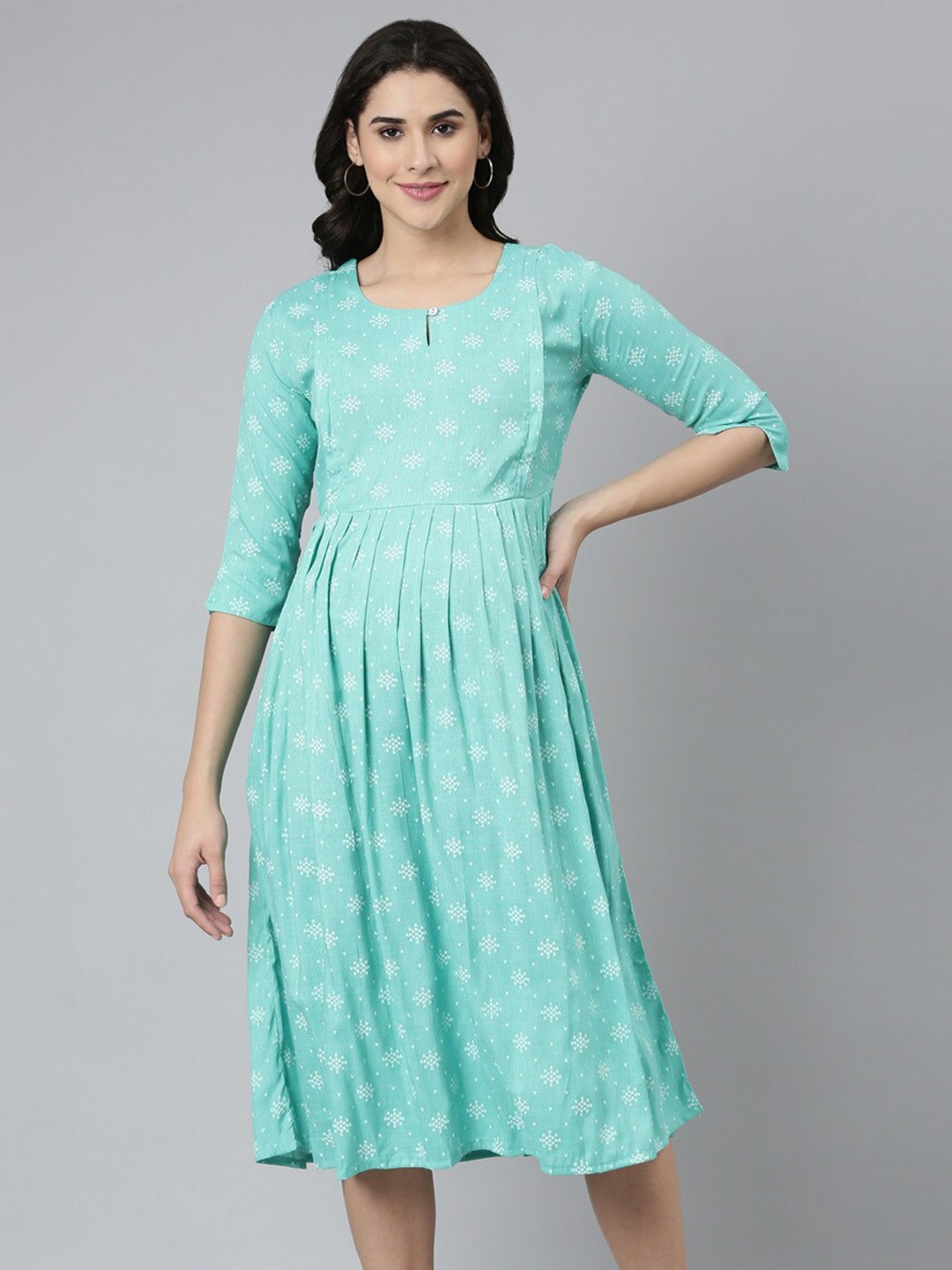 

GOLDSTROMS Ethnic Motifs Printed A-Line Maternity Feeding Midi Dress, Sea green