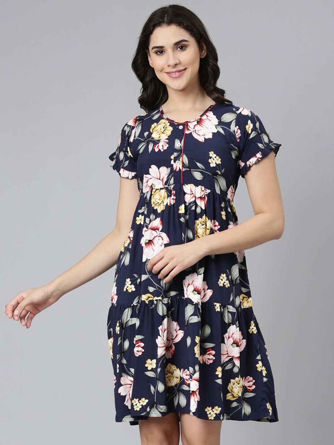 

GOLDSTROMS Floral Printed Round Neck Nightdress, Navy blue