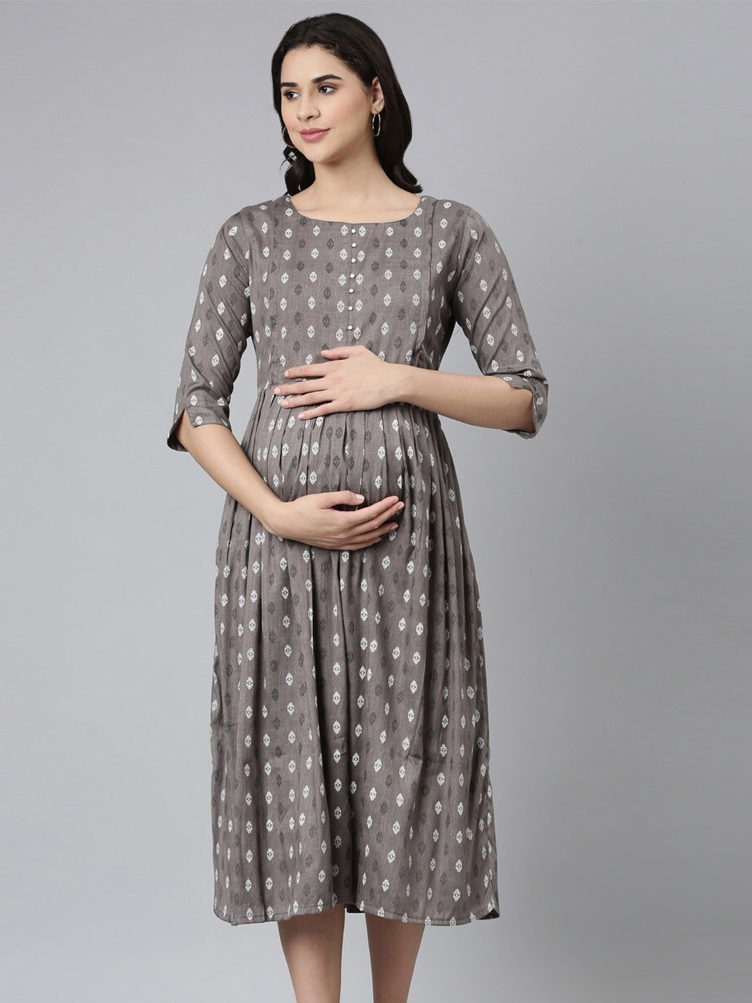 

GOLDSTROMS Ethnic Motifs Print Maternity Empire Midi Dress, Grey