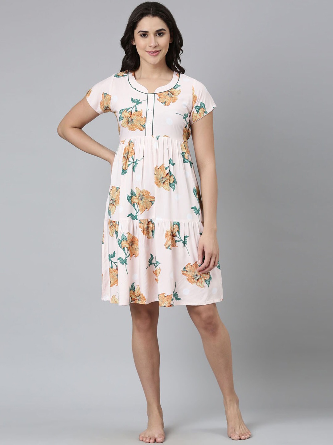

GOLDSTROMS Floral Printed Round Neck Nightdress, Peach