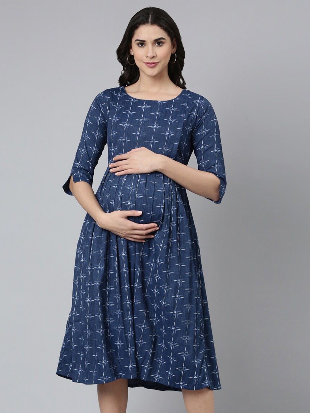 

GOLDSTROMS Ethnic Motifs Printed Midi Fit & Flare Maternity Dress, Blue