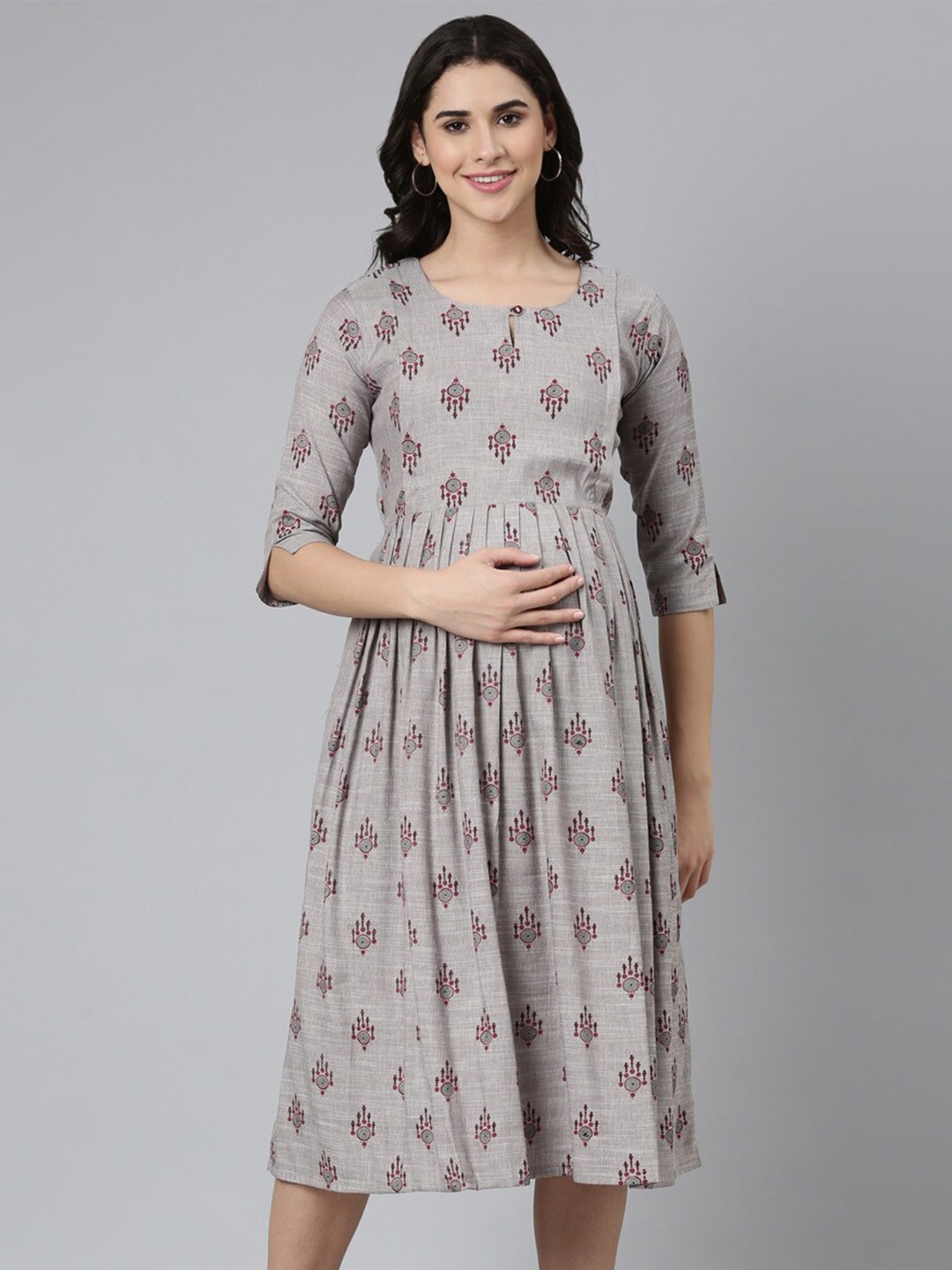 

GOLDSTROMS Ethnic Motifs Print Maternity Fit & Flare Midi Dress, Grey